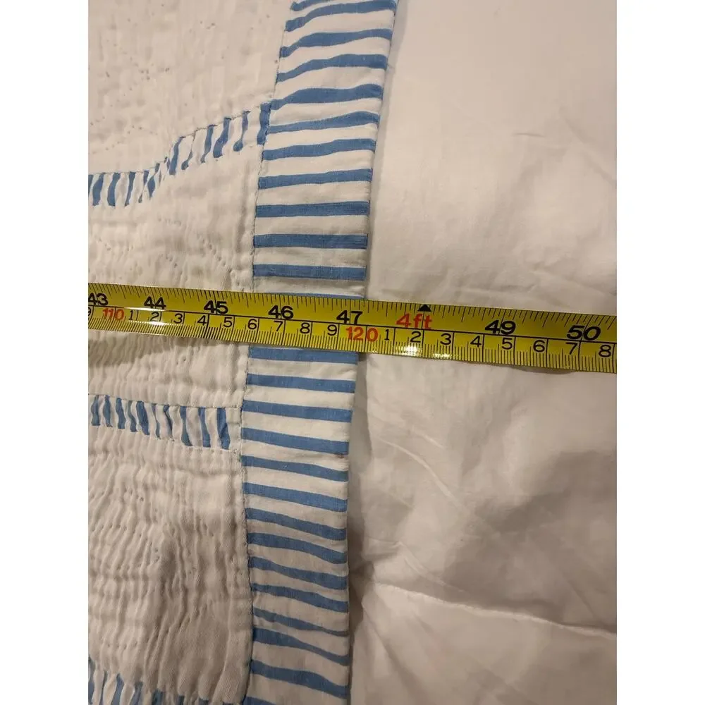 Vintage Heirloom Baby Quilt White with Blue Stripes Crib Blanket Quilt cottage